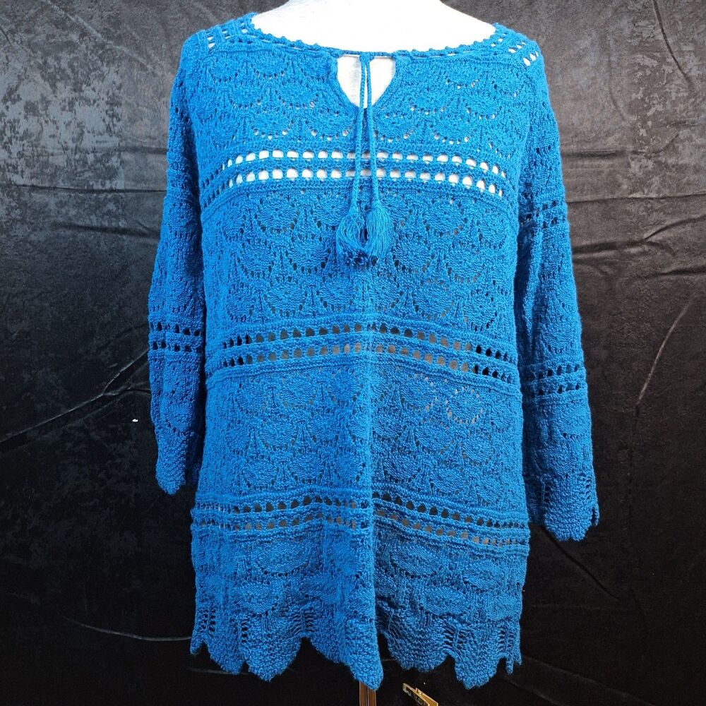 Lucky Brand XL Crochet Turquoise Blue Scalloped Hem Boho Hippie Tassle Top Yes
